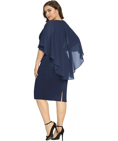 Women's Plus Size Chiffon Ruffle Flattering Cape Sleeve Bodycon Pencil Dress Cotton Navy Blue $20.09 Dresses