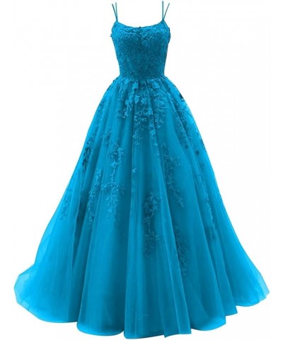 Tulle Spaghetti Straps Prom Dresses Long Lace Appliques Ball Gowns for Women Blue $34.19 Dresses