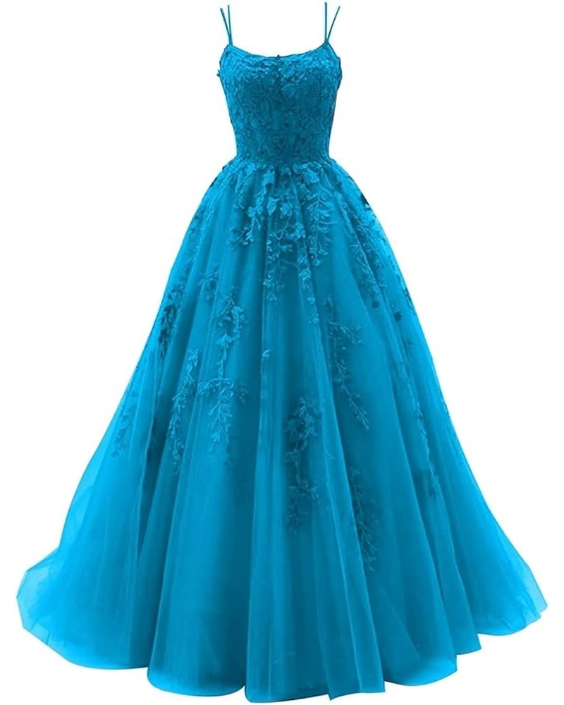 Tulle Spaghetti Straps Prom Dresses Long Lace Appliques Ball Gowns for Women Blue $34.19 Dresses