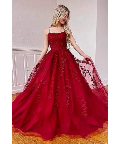 Tulle Spaghetti Straps Prom Dresses Long Lace Appliques Ball Gowns for Women Blue $34.19 Dresses