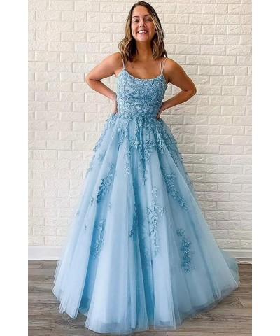 Tulle Spaghetti Straps Prom Dresses Long Lace Appliques Ball Gowns for Women Blue $34.19 Dresses