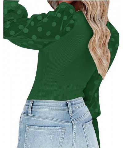 Women’s Square Neck Blouse Sheer Mesh Lantern Sleeve Polka Dot Knit Business Casual Tops Shirts Green $13.74 Blouses