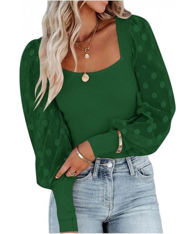 Women’s Square Neck Blouse Sheer Mesh Lantern Sleeve Polka Dot Knit Business Casual Tops Shirts Green $13.74 Blouses