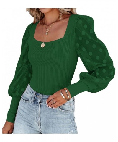 Women’s Square Neck Blouse Sheer Mesh Lantern Sleeve Polka Dot Knit Business Casual Tops Shirts Green $13.74 Blouses