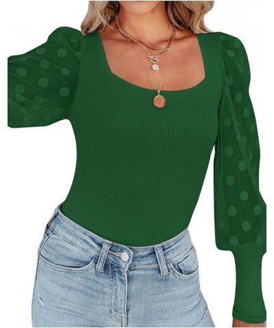 Women’s Square Neck Blouse Sheer Mesh Lantern Sleeve Polka Dot Knit Business Casual Tops Shirts Green $13.74 Blouses