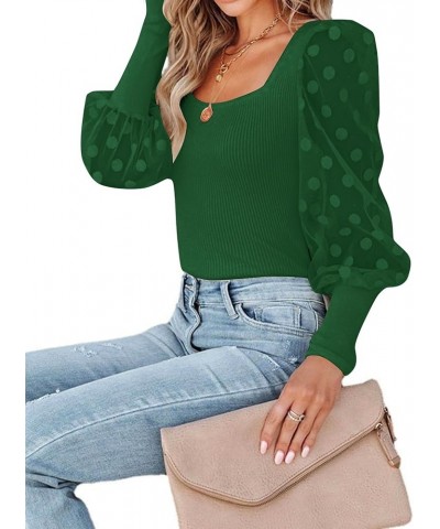 Women’s Square Neck Blouse Sheer Mesh Lantern Sleeve Polka Dot Knit Business Casual Tops Shirts Green $13.74 Blouses