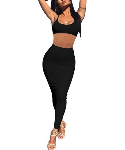 Women's Sexy Two Piece Outfits Spaghetti Strap Bodycon Club Long Dress Black $10.79 Dresses