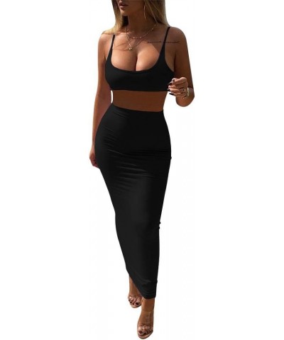 Women's Sexy Two Piece Outfits Spaghetti Strap Bodycon Club Long Dress Black $10.79 Dresses