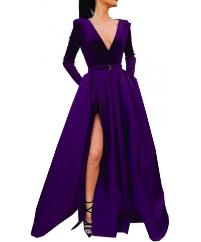 Women's High Split Evening Dress V Neck Prom Gown Long Sleeve Party Gown Grape $30.55 Dresses