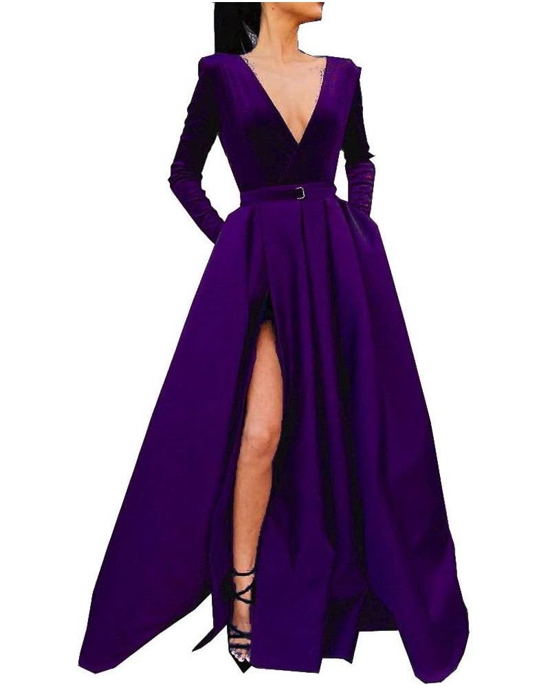 Women's High Split Evening Dress V Neck Prom Gown Long Sleeve Party Gown Grape $30.55 Dresses