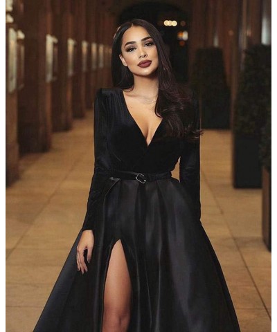 Women's High Split Evening Dress V Neck Prom Gown Long Sleeve Party Gown Grape $30.55 Dresses