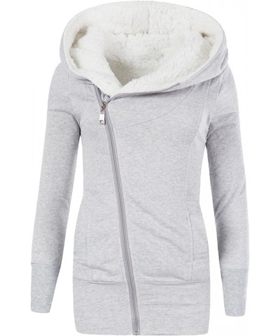 Womens Fleece Hoodies Jackets Long Sweatshirt Winter Diagonal Zipper Thicken Outwear Lightweight Hooded Coats Grey $9.35 Jackets