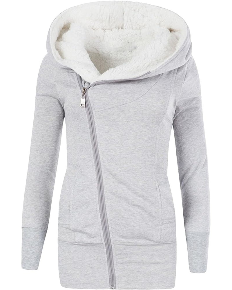 Womens Fleece Hoodies Jackets Long Sweatshirt Winter Diagonal Zipper Thicken Outwear Lightweight Hooded Coats Grey $9.35 Jackets