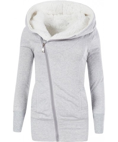 Womens Fleece Hoodies Jackets Long Sweatshirt Winter Diagonal Zipper Thicken Outwear Lightweight Hooded Coats Grey $9.35 Jackets