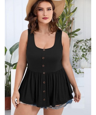 Women Tops Plus Size Summer Sleeveless Tank Tops Blouse Casual Button Ruched Hem Blouses Shirts Black $15.92 Tanks