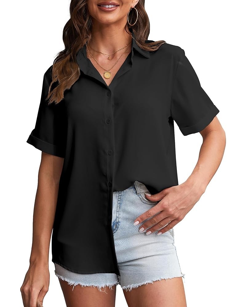 Womens Button Down Shirt Long Sleeve Classic Collared Tops Work Office Casual Chiffon Blouse Black Blouse $12.25 Blouses