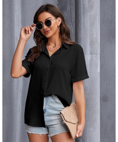 Womens Button Down Shirt Long Sleeve Classic Collared Tops Work Office Casual Chiffon Blouse Black Blouse $12.25 Blouses