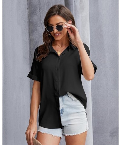 Womens Button Down Shirt Long Sleeve Classic Collared Tops Work Office Casual Chiffon Blouse Black Blouse $12.25 Blouses