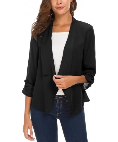 Women's Ruched Sleeve Lightweight Thin Chiffon Blazer Black $13.58 Blazers