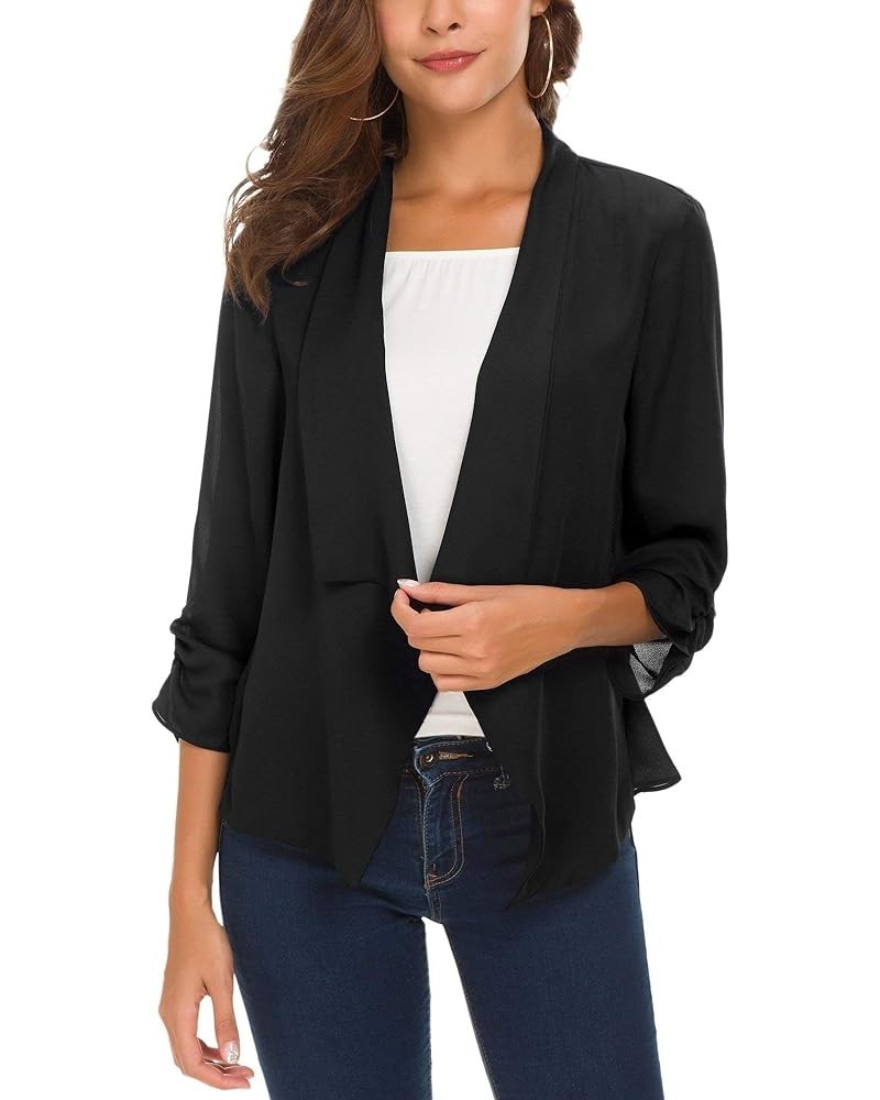 Women's Ruched Sleeve Lightweight Thin Chiffon Blazer Black $13.58 Blazers