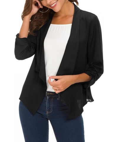 Women's Ruched Sleeve Lightweight Thin Chiffon Blazer Black $13.58 Blazers