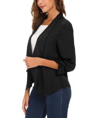 Women's Ruched Sleeve Lightweight Thin Chiffon Blazer Black $13.58 Blazers