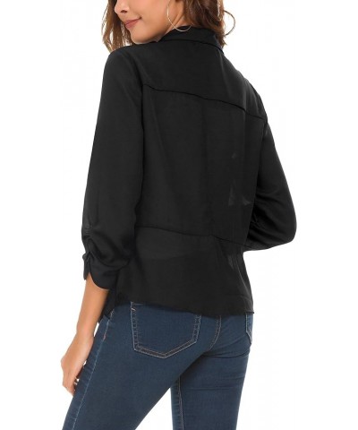 Women's Ruched Sleeve Lightweight Thin Chiffon Blazer Black $13.58 Blazers