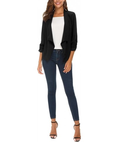 Women's Ruched Sleeve Lightweight Thin Chiffon Blazer Black $13.58 Blazers