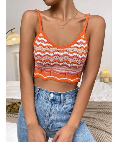 Women's Colorblock Sleeveless Knitted Crochet Cami Crop Tops Orange $10.00 Tanks