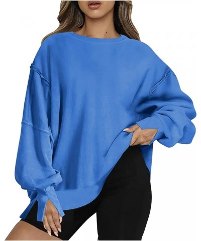 Womens Oversized Crewneck Sweatshirts Loose Fit Solid Color Corded Pullover Tops Fall Fashion Comfort Clothes G16-blue $12.37...