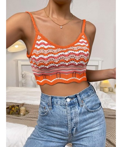 Women's Colorblock Sleeveless Knitted Crochet Cami Crop Tops Orange $10.00 Tanks