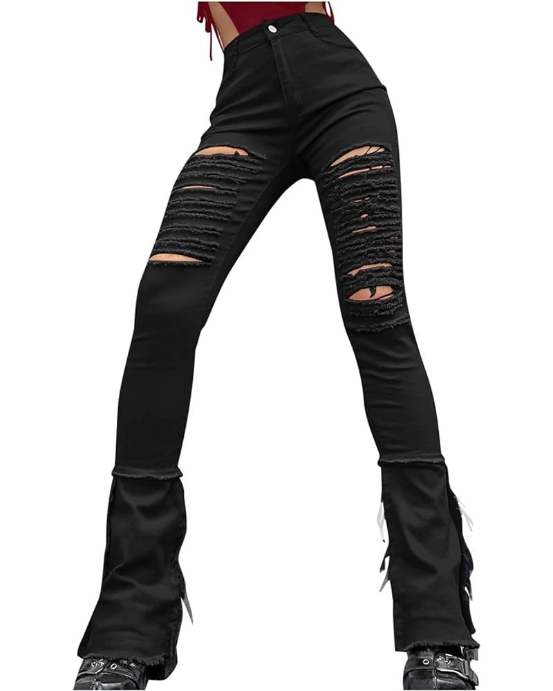 Women's Ripped Skinny Jeans High Waisted Raw Hem Distressed Stretch Denim Pants Y2k Fashion Destroyed Trousers Black $12.00 O...