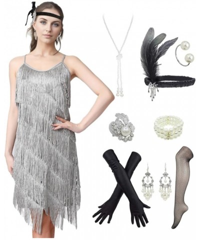 Women Tassel Fringe Sling Cami Dresses Dancewear Fashion Flapper Dresses w/ 20s Accessories Set Grey $36.25 Dresses