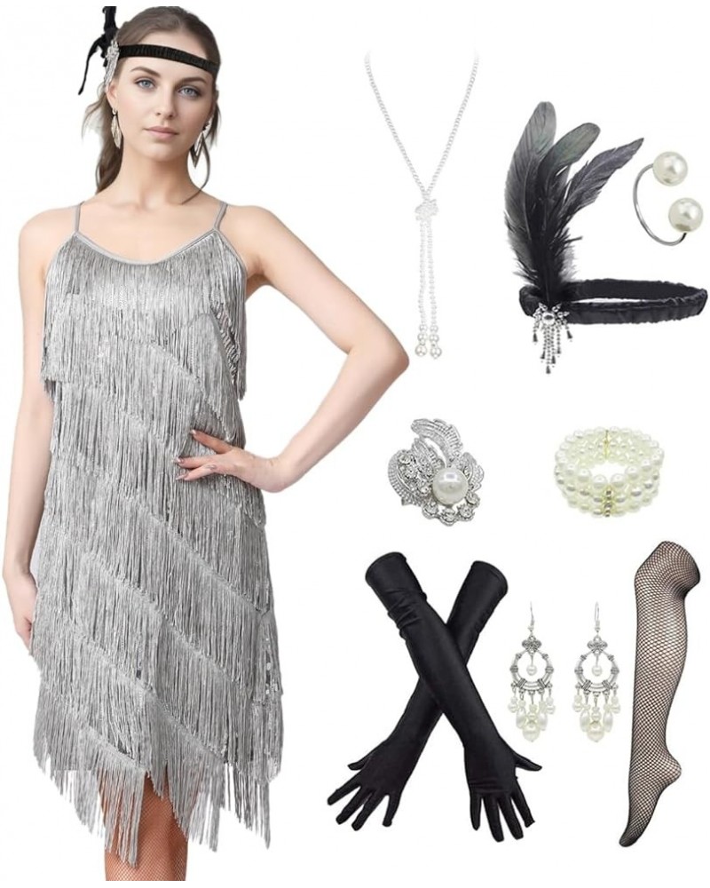 Women Tassel Fringe Sling Cami Dresses Dancewear Fashion Flapper Dresses w/ 20s Accessories Set Grey $36.25 Dresses