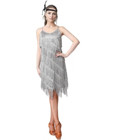 Women Tassel Fringe Sling Cami Dresses Dancewear Fashion Flapper Dresses w/ 20s Accessories Set Grey $36.25 Dresses