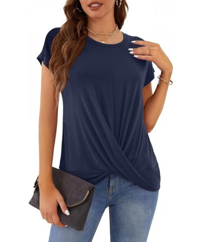 Womens Short Sleeve T Shirts Casual Summer Tops Loose Front Twist Tunic Navy Blue $8.39 T-Shirts