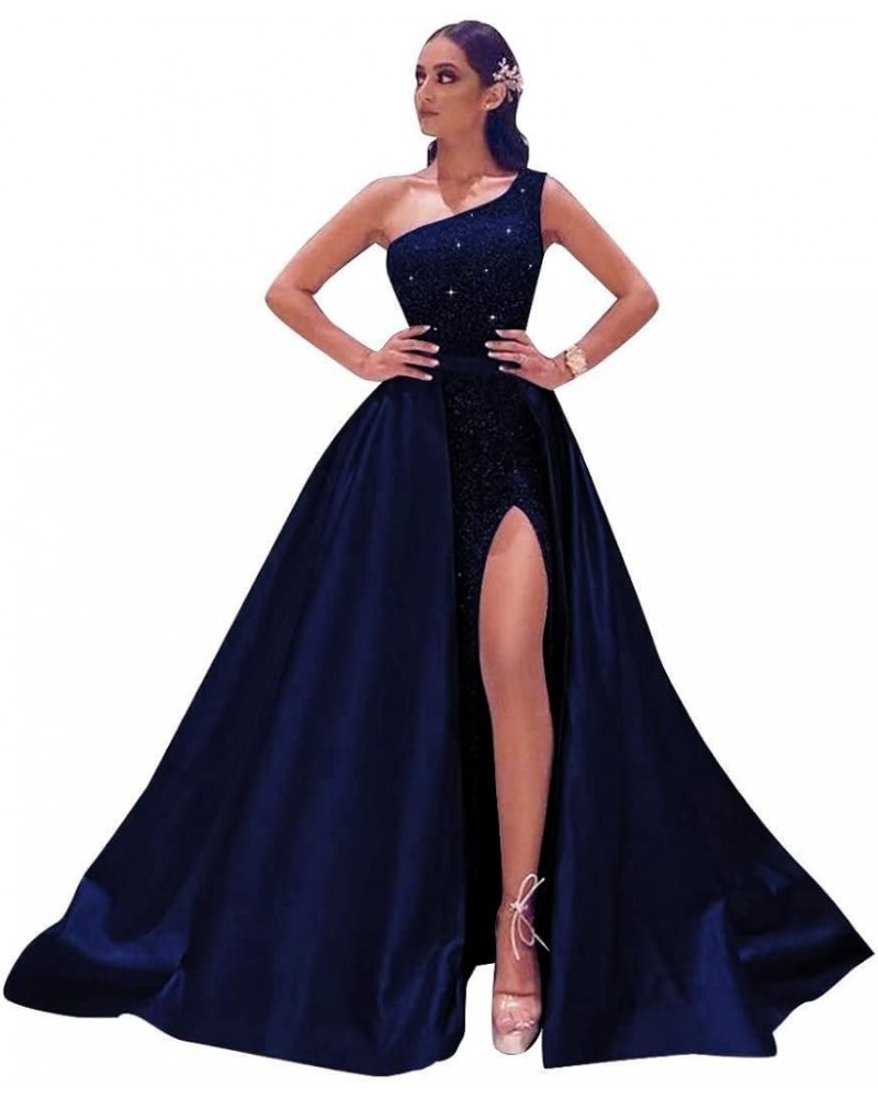 Women's One Shoulder Sequin Prom Dresses with Detachable Train Long Satin Formal Evening Party Gowns with Slit Navy Blue $47....