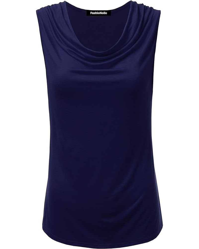 Women's Cowl Neck Ruched Draped Sleeveless Stretchy Blouse Casual Tank Top (Made in USA) Phi419-navy $11.96 Tops