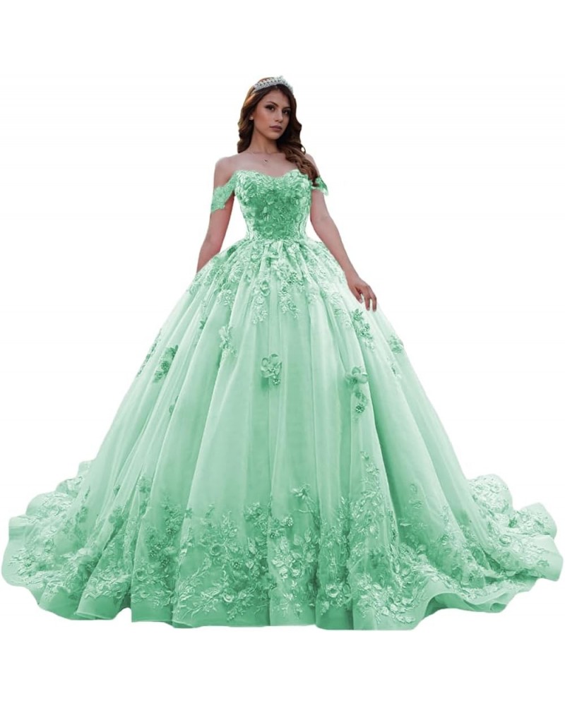 Sweetheart Tulle Quinceanera Dresses for Women Off The Shoulder Ball Gown with Train Lace Beaed Sweet 15 16 Dress Mint Green ...