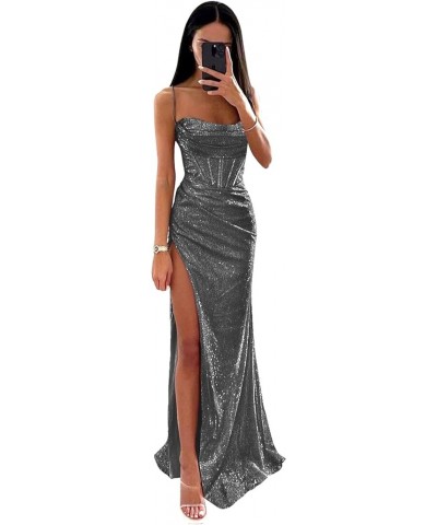 Women's Sequin Prom Dresses for Teens 2024 Sparkly Spaghetti Straps Glitter Ball Gown High Slit Formal Dress Grey $37.79 Dresses