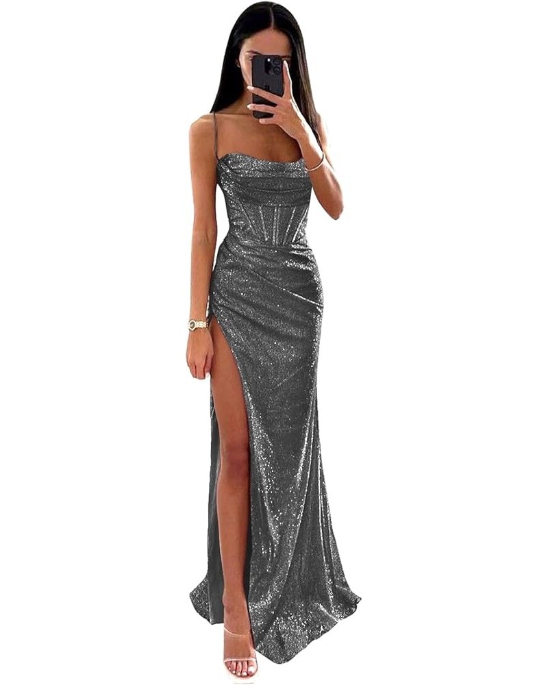 Women's Sequin Prom Dresses for Teens 2024 Sparkly Spaghetti Straps Glitter Ball Gown High Slit Formal Dress Grey $37.79 Dresses