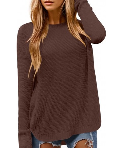 Women Crewneck Long Sleeve Knitted Sweater 2023 Loose Fit Soft Solid Pullover Brown $19.35 Sweaters