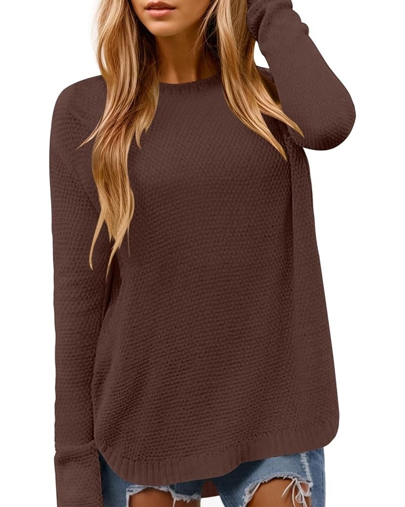 Women Crewneck Long Sleeve Knitted Sweater 2023 Loose Fit Soft Solid Pullover Brown $19.35 Sweaters