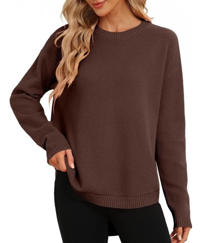 Women Crewneck Long Sleeve Knitted Sweater 2023 Loose Fit Soft Solid Pullover Brown $19.35 Sweaters