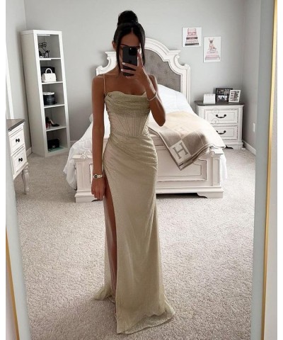 Women's Sequin Prom Dresses for Teens 2024 Sparkly Spaghetti Straps Glitter Ball Gown High Slit Formal Dress Grey $37.79 Dresses