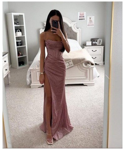 Women's Sequin Prom Dresses for Teens 2024 Sparkly Spaghetti Straps Glitter Ball Gown High Slit Formal Dress Grey $37.79 Dresses