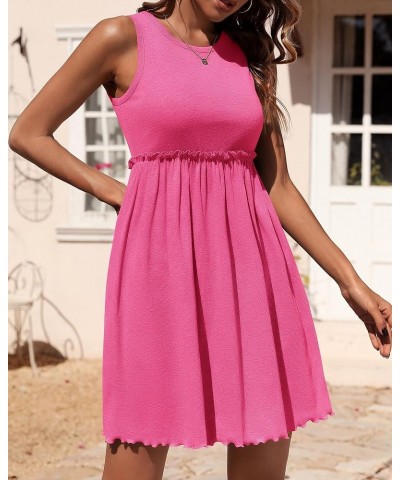 Women Sleeveless Summer Dress 2024 Crewneck Ribbed Knit Ruffle Swing Button Down Beach Sun Mini Tank Short Dresses Solid Rose...