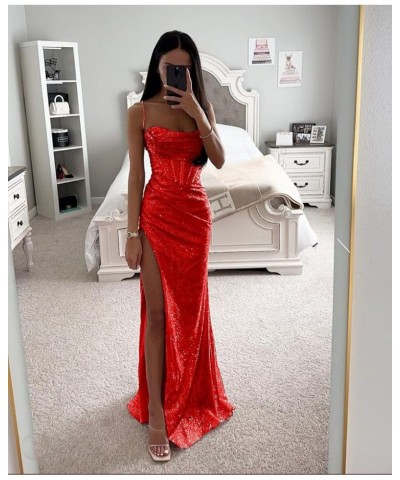 Women's Sequin Prom Dresses for Teens 2024 Sparkly Spaghetti Straps Glitter Ball Gown High Slit Formal Dress Grey $37.79 Dresses