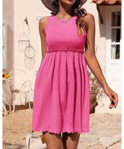 Women Sleeveless Summer Dress 2024 Crewneck Ribbed Knit Ruffle Swing Button Down Beach Sun Mini Tank Short Dresses Solid Rose...