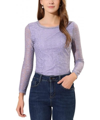 Women's Sheer Long Sleeves Flower Embroidery Lace Top Purple Gray $15.75 Blouses